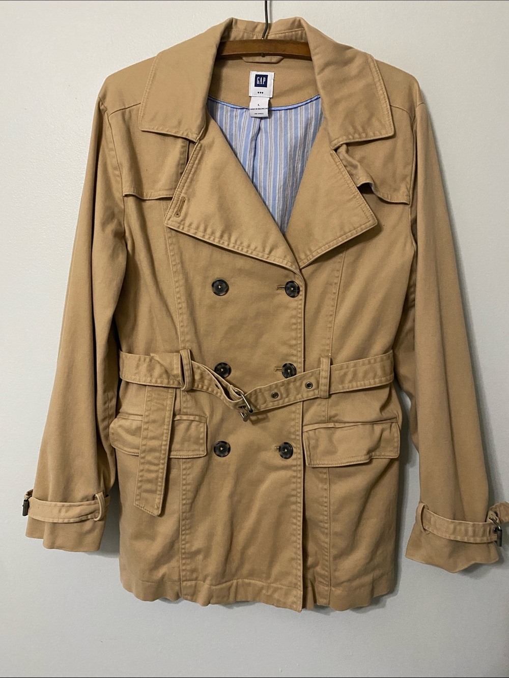 GAP Khaki Double-Breasted Hip Trench Coat with Belt Woman’s Large